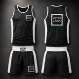 Gabarit de tenue de boxe anglaise personnalisée : débardeur et short noirs à bandes blanches, emplacements de logo devant et au dos