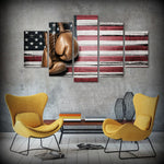 Tableau boxe (5 pièces), gants de boxe dorés sur fond de drapeau américain, affiché cabinet