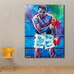 Tableau boxe Mohamed Ali, tableau artistique en couleur, affiché dans une galerie d'art