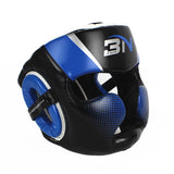 Casque de boxe bleu et noir, bandes diagonales et motif pointillé sur les joues